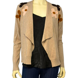 Aaeda Sz M Waterfall Open Cardigan Felted Flower Appliqués Neutral Tan Soft Knit